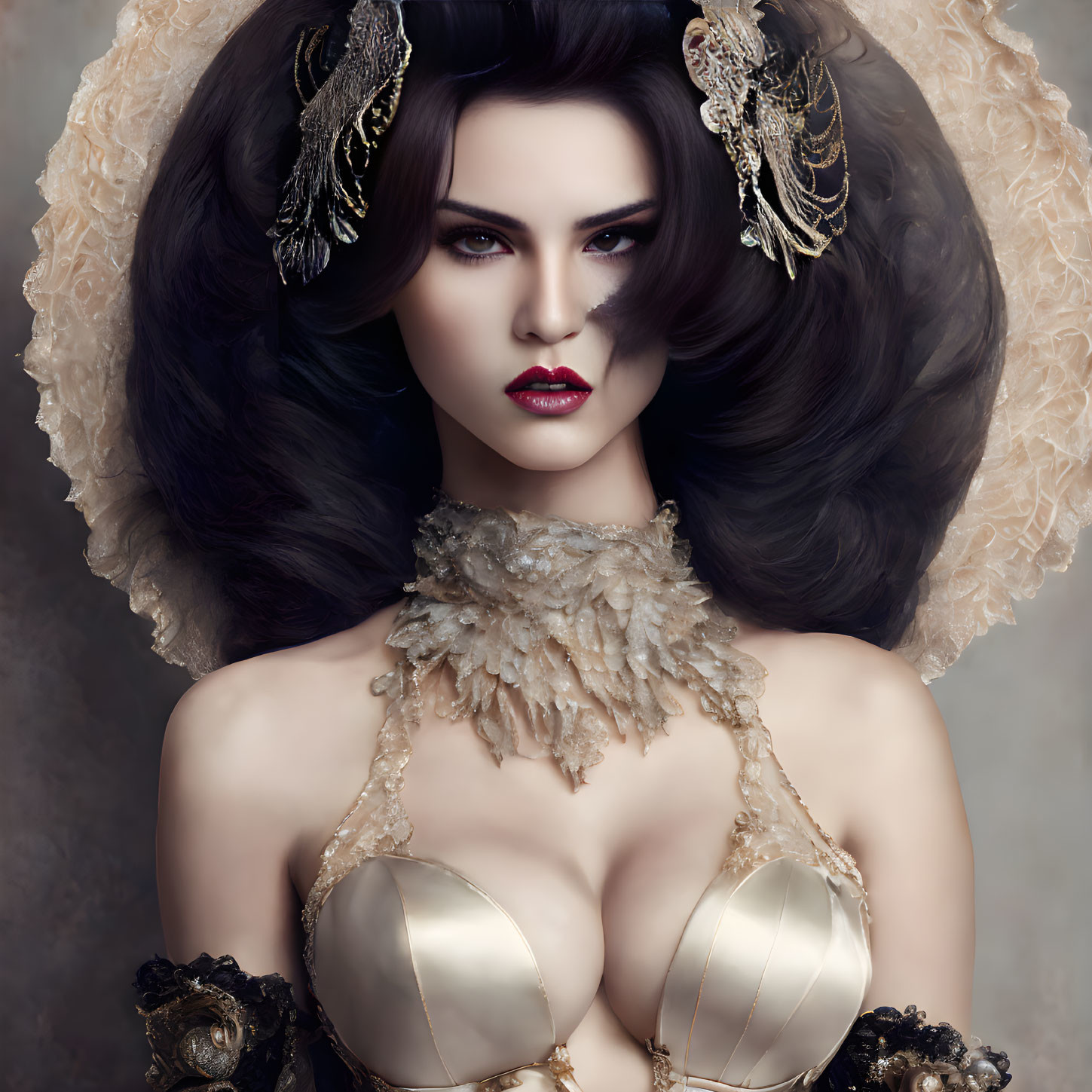 Dark-haired woman in dramatic makeup with ornate collar and corset.