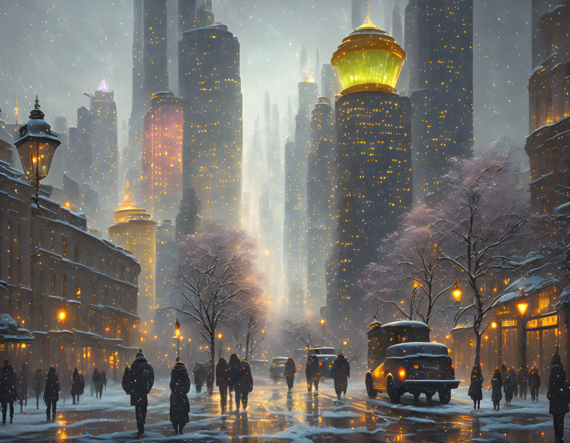 City winter scene: snowfall, pedestrians, vintage cars, illuminated buildings at dusk