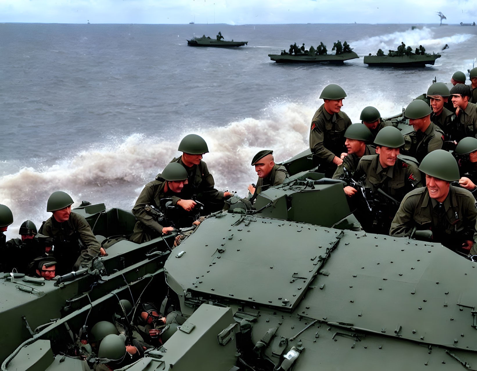 Soldiers in Helmets on Military Landing Craft Approaching Shore