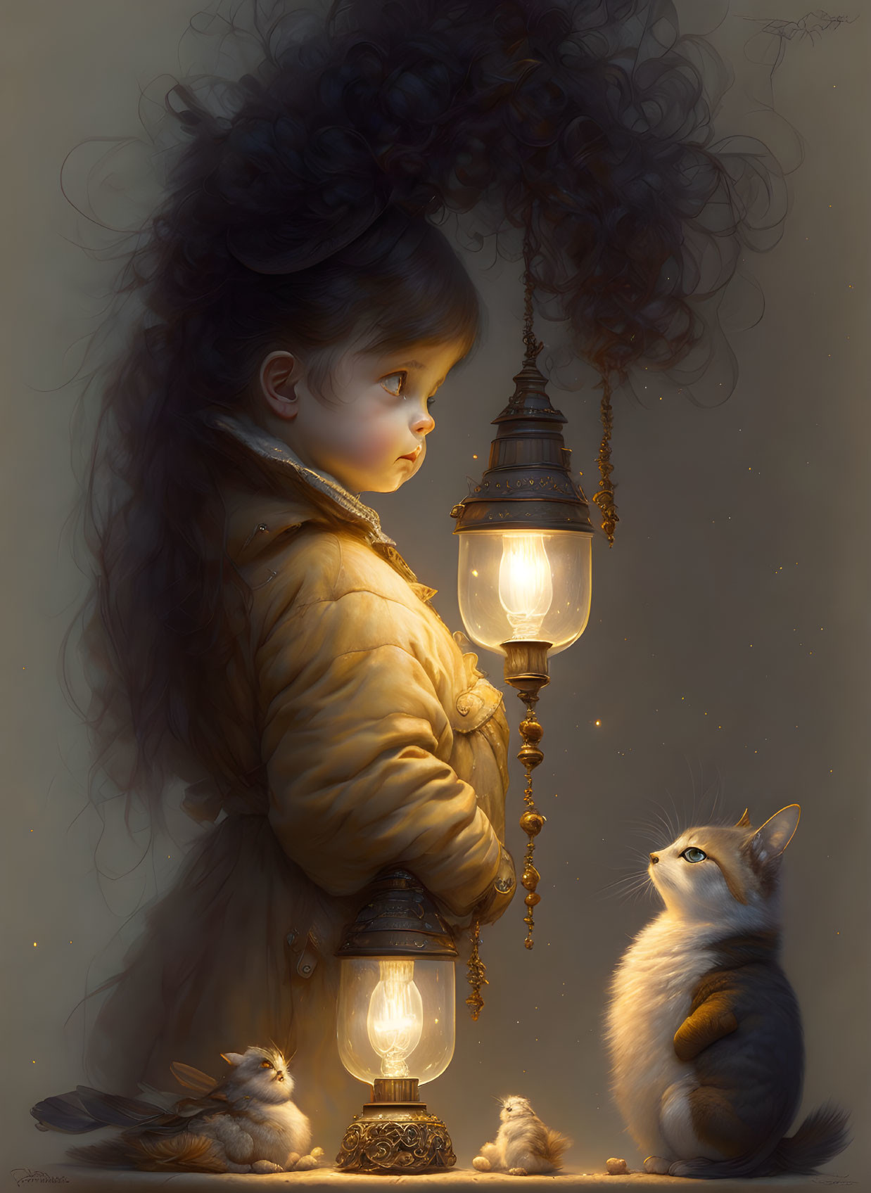 Young girl with dark hair next to lantern, cat and birds in scene