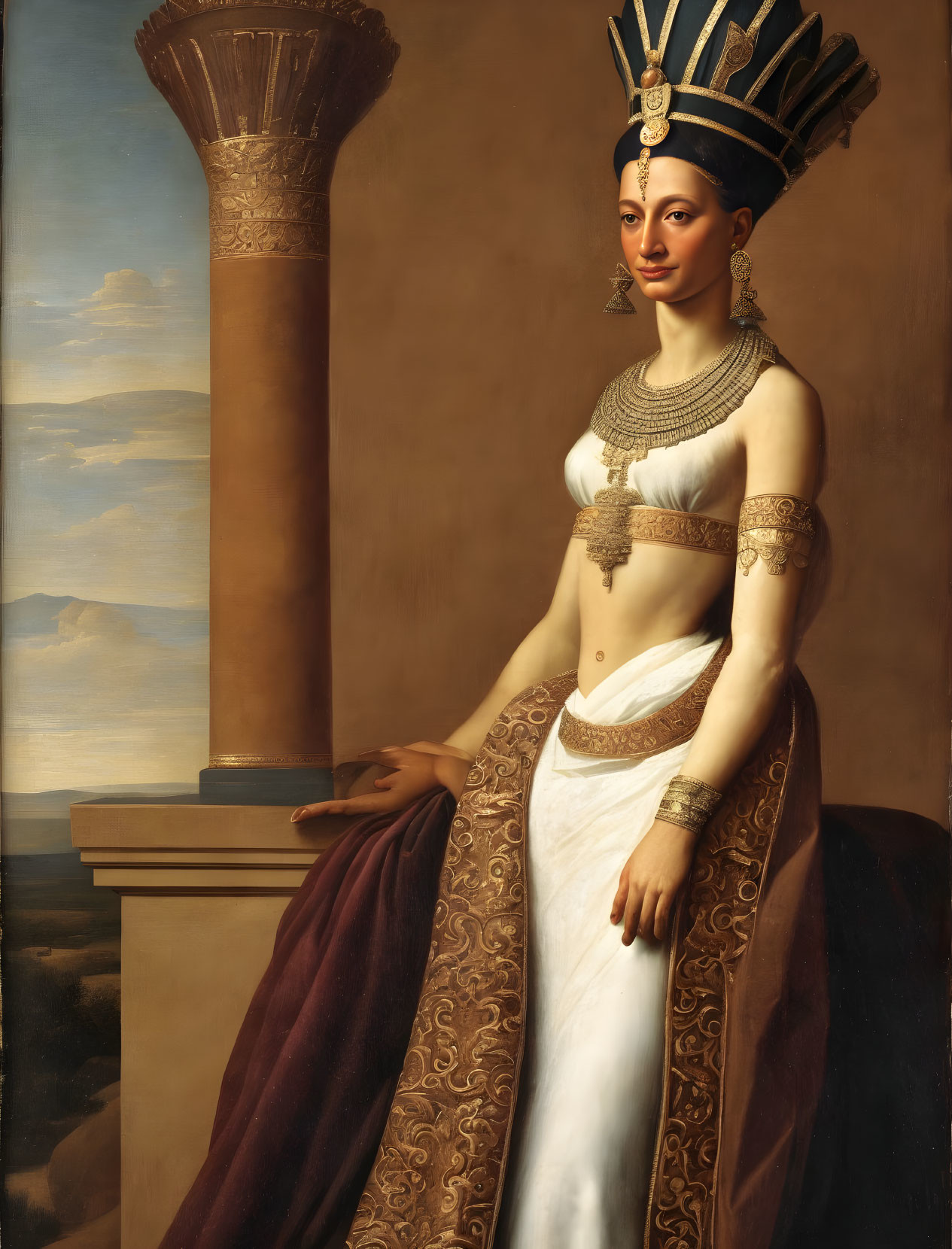 Traditional Attire Woman with Headdress Leaning on Pedestal by Column