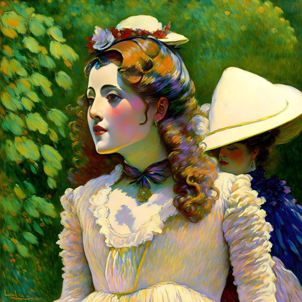 Victorian woman with curled hair and floral hat in white dress with blue brooch, second woman in