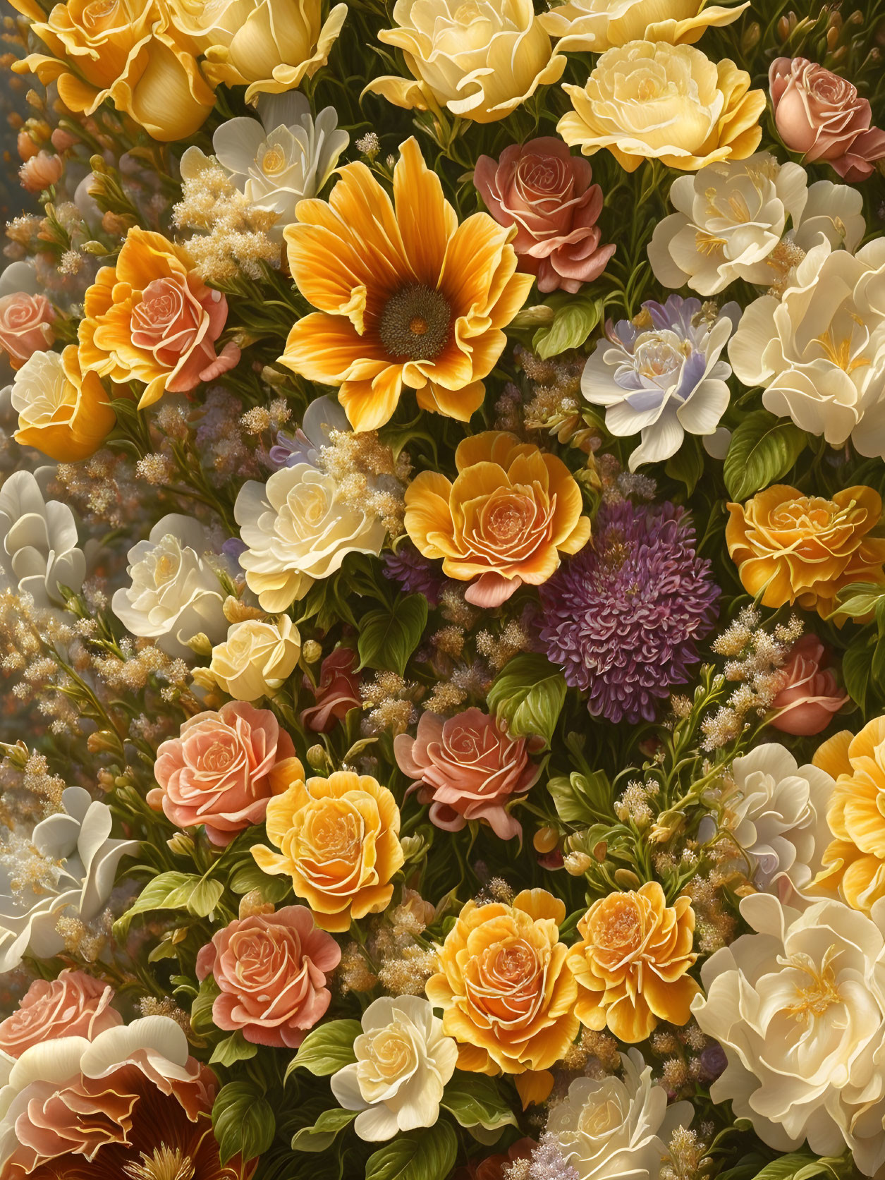 Detailed Floral Arrangement with Yellow Roses, White Blossoms, and Purple Bloom