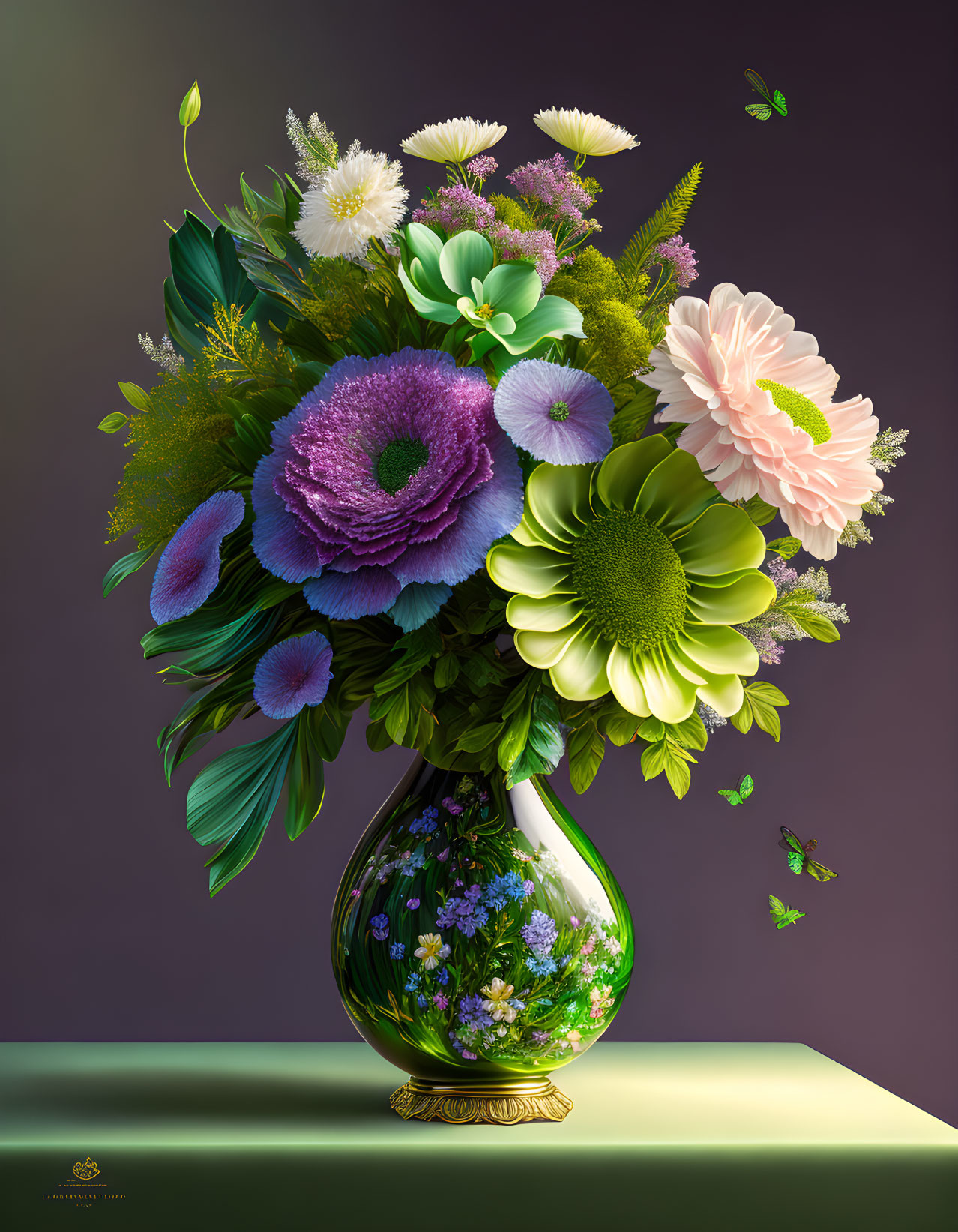 Digital flowers in decorative vase with floating petals and insects.