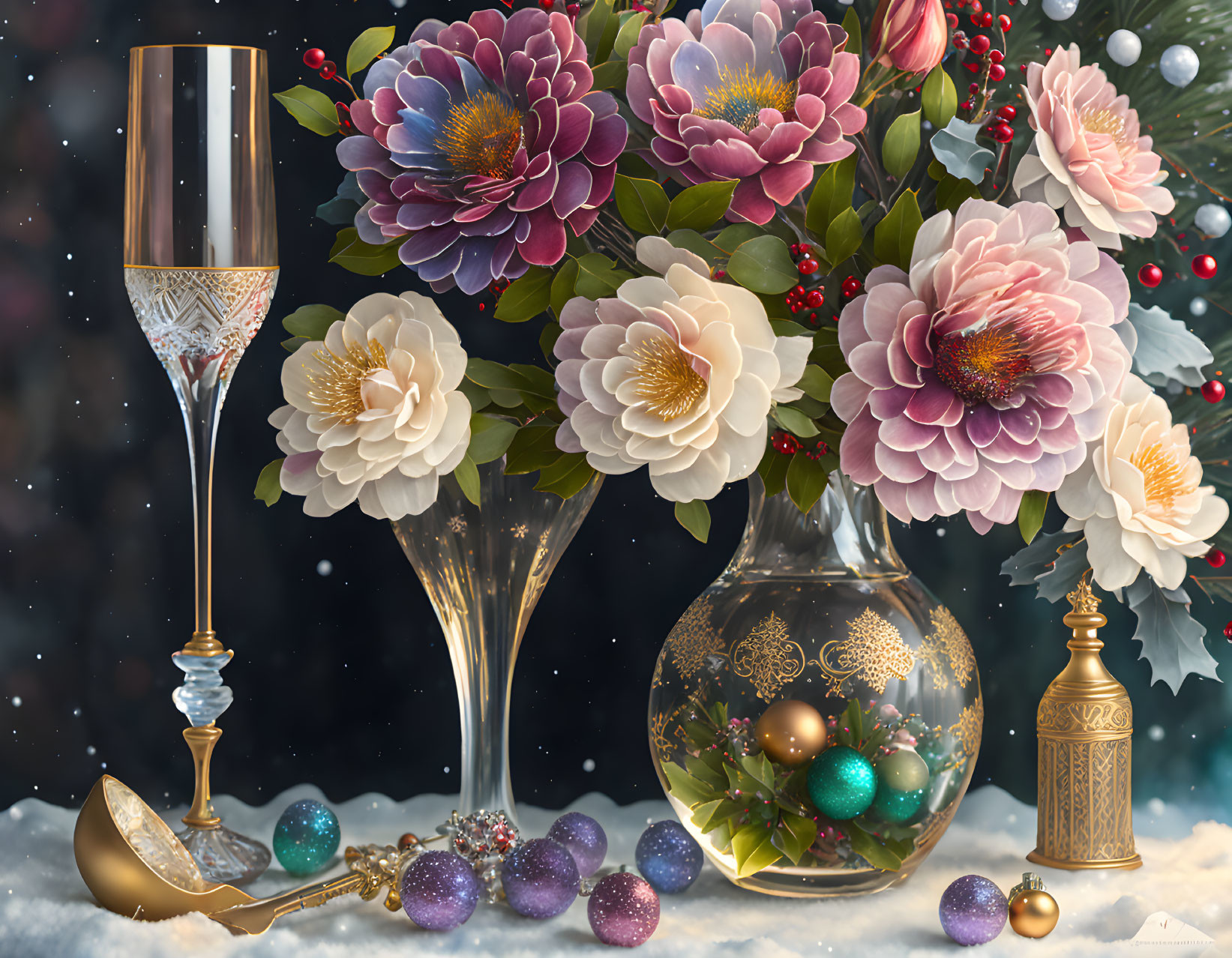 Colorful Flowers, Champagne Flute, Baubles, and Perfume Bottle in Festive Still