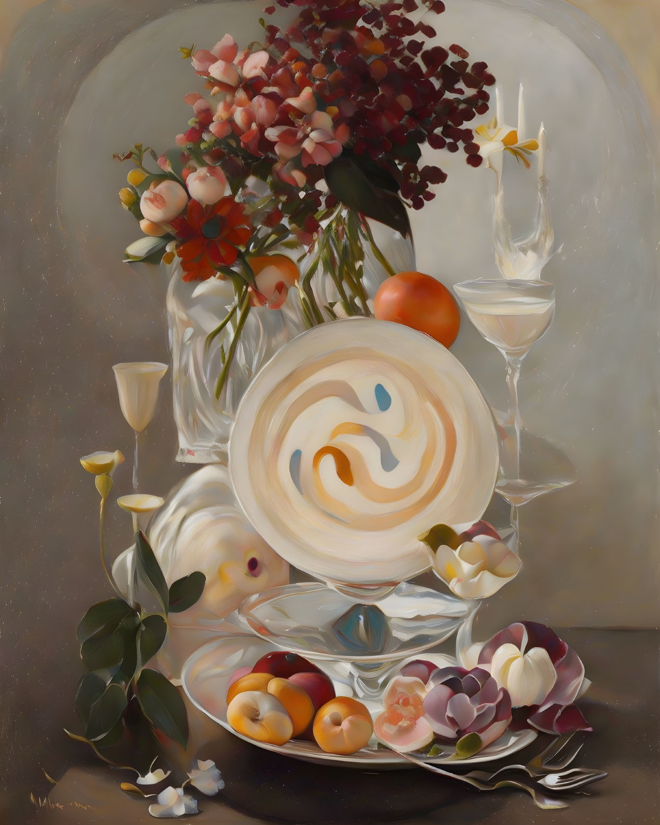 Classic still life painting: fruits, floral vase, wine glasses, abstract plates