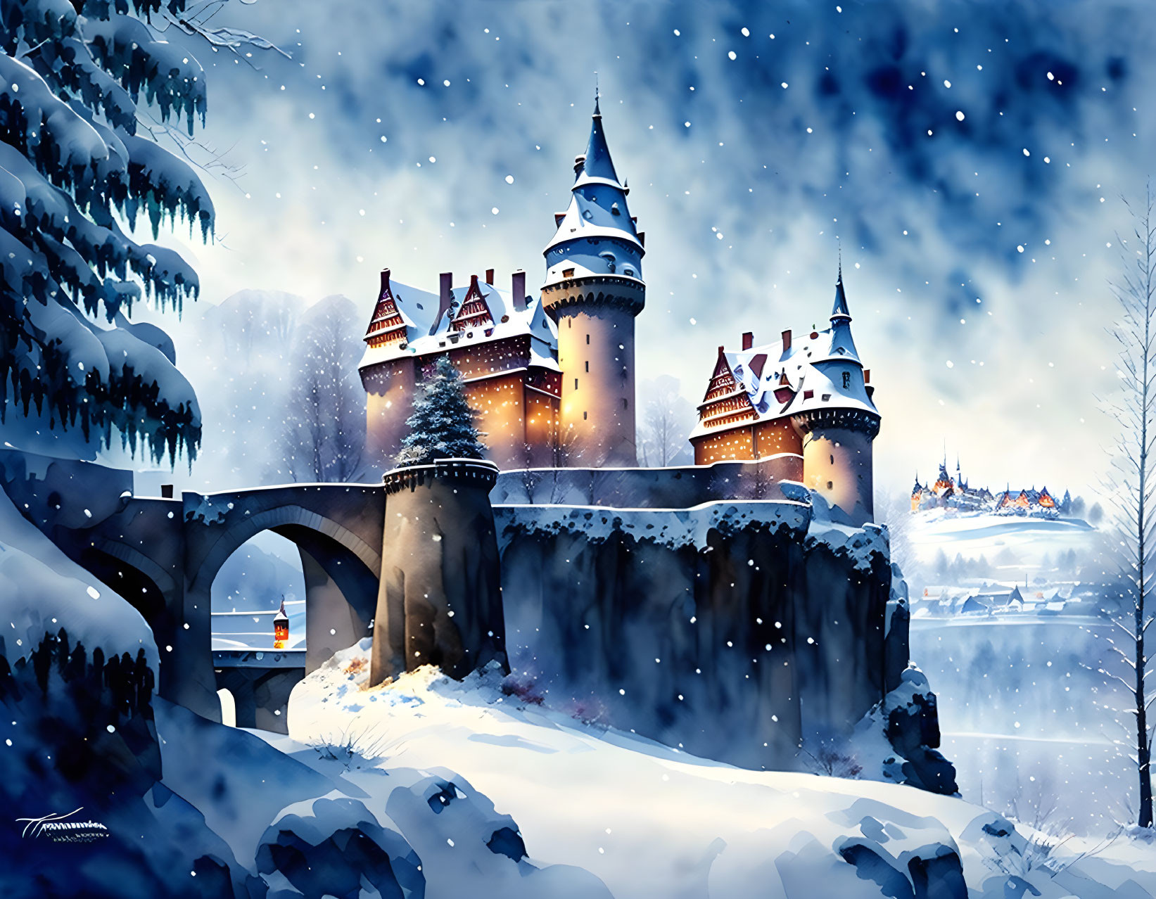 Snowy cliff castle with bridge in wintry landscape