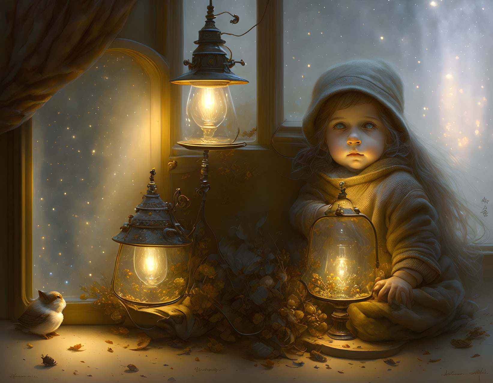 Child in hooded cloak gazes at snow through window with lanterns, bird nearby