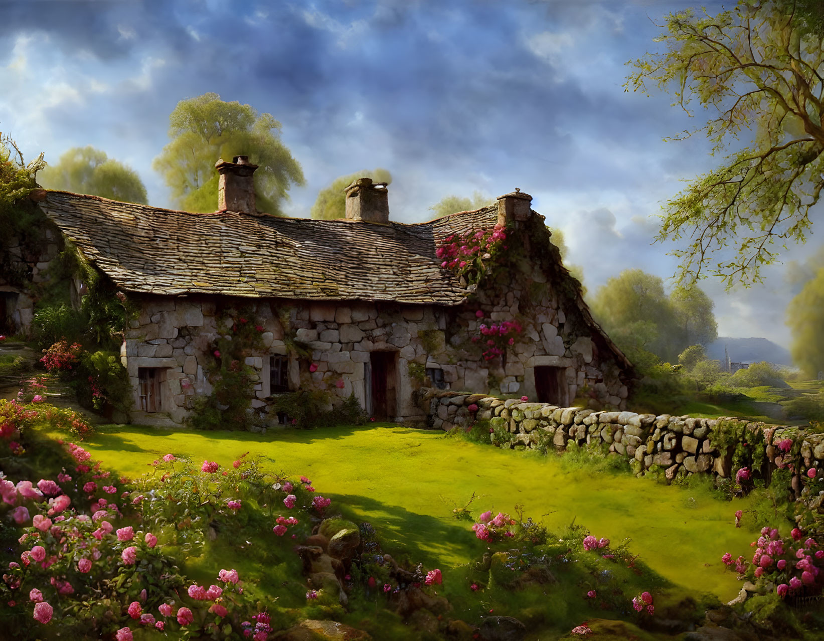 Charming stone cottage with thatched roof in greenery and pink flowers