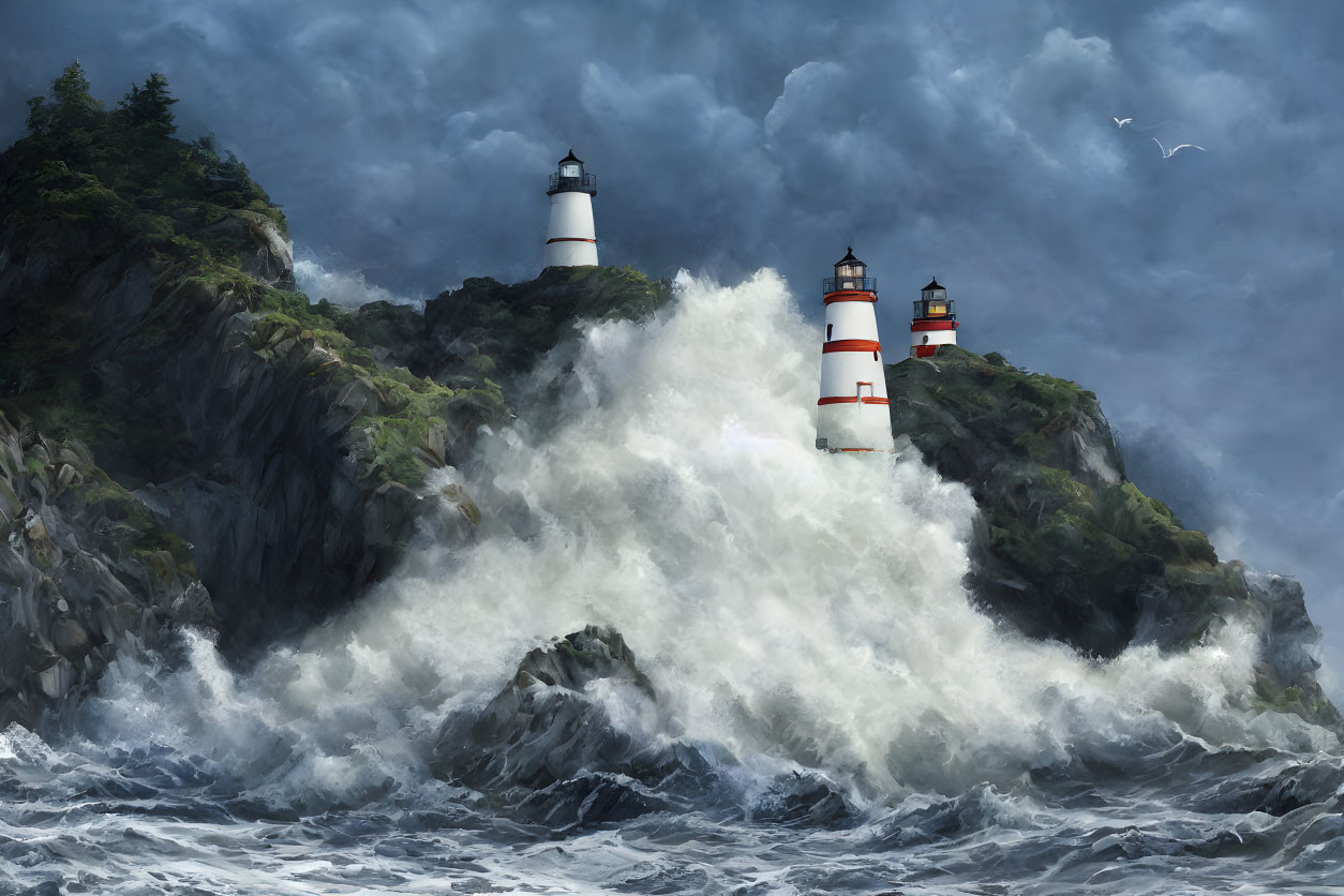 Stormy coastal scene with three lighthouses and crashing waves