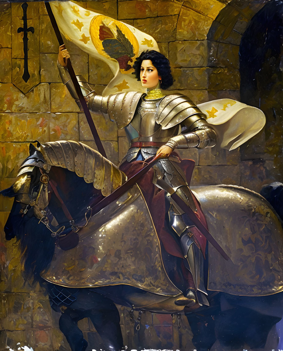 Woman in Armor on Horse Holding Flag, Sword & Shield Artwork Depicting Historic Figure