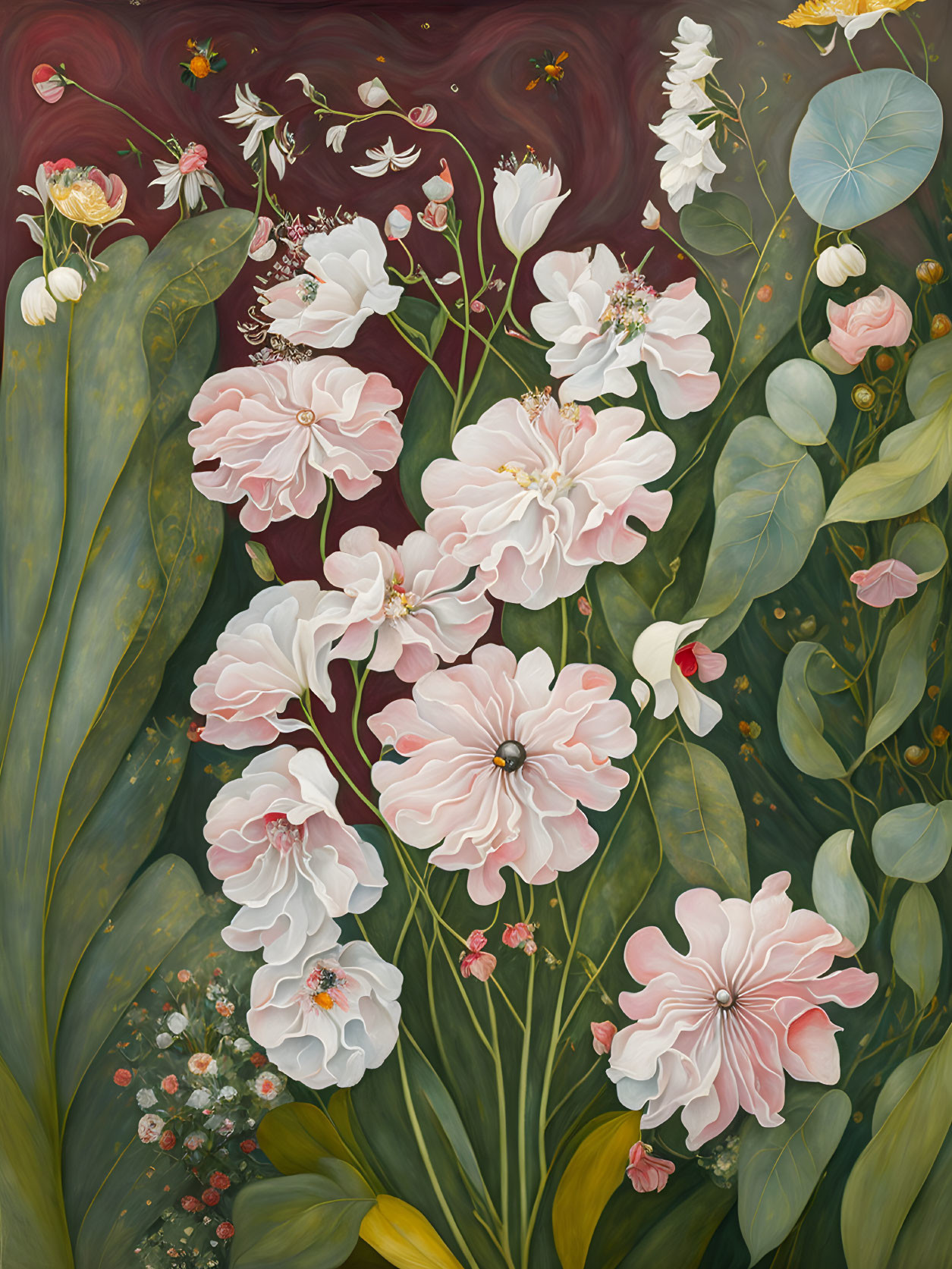 Detailed Painting of Pink Peonies and Flowers on Dark Background