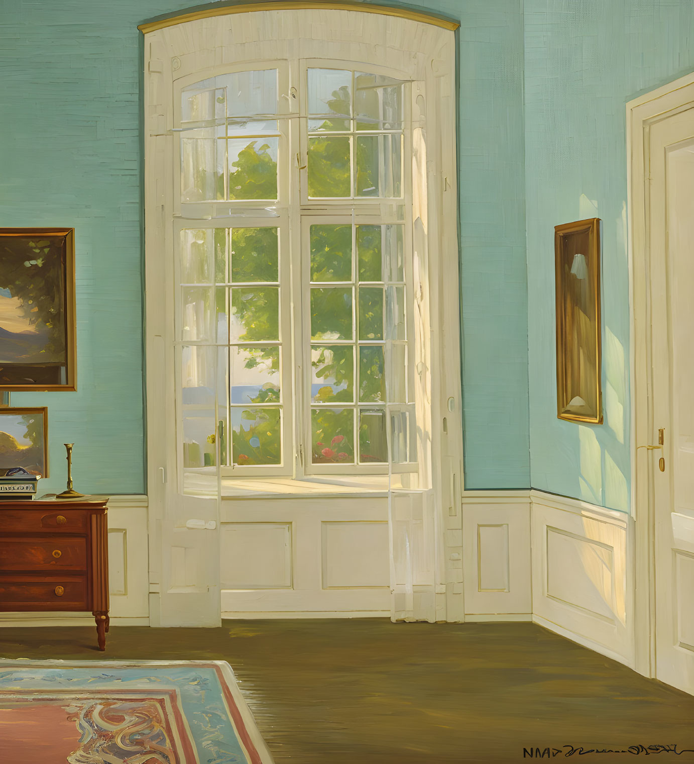 Sunlit pastel blue room with white window, wooden cabinet, and painting snippet.