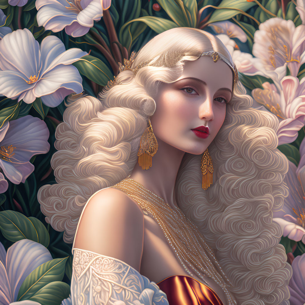 Stylized portrait of woman with curly blonde hair and floral backdrop