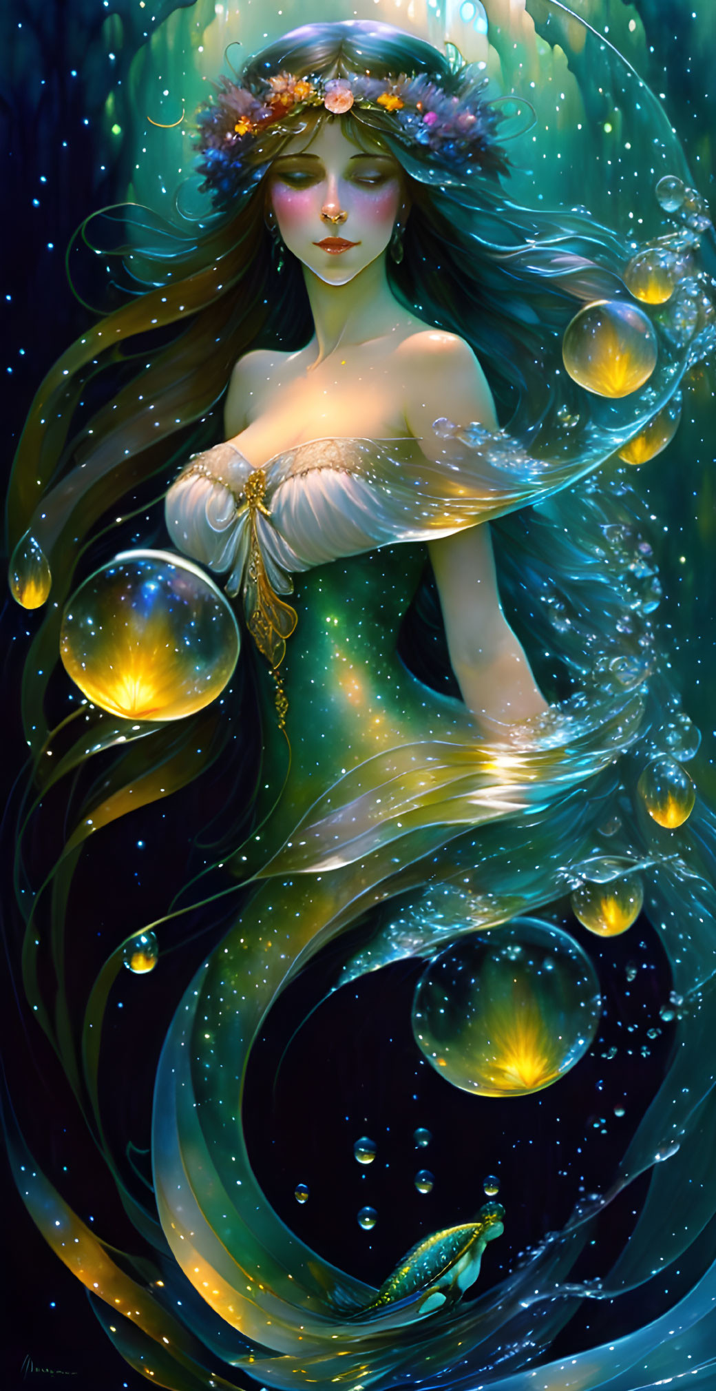 Mystical female figure with flowing hair, wreath, lights, water, bubbles, fish