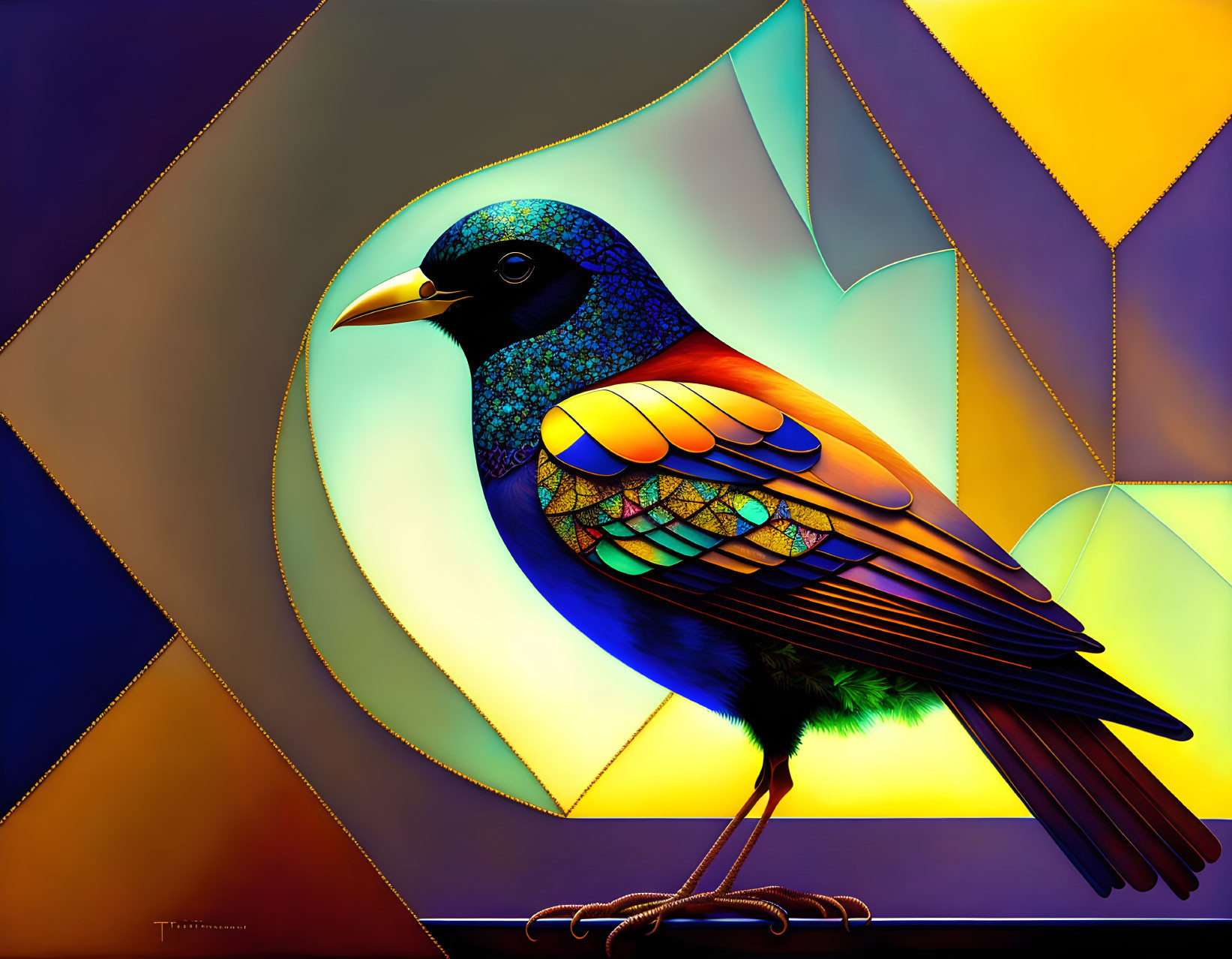 Colorful geometric bird illustration with iridescent feathers on display