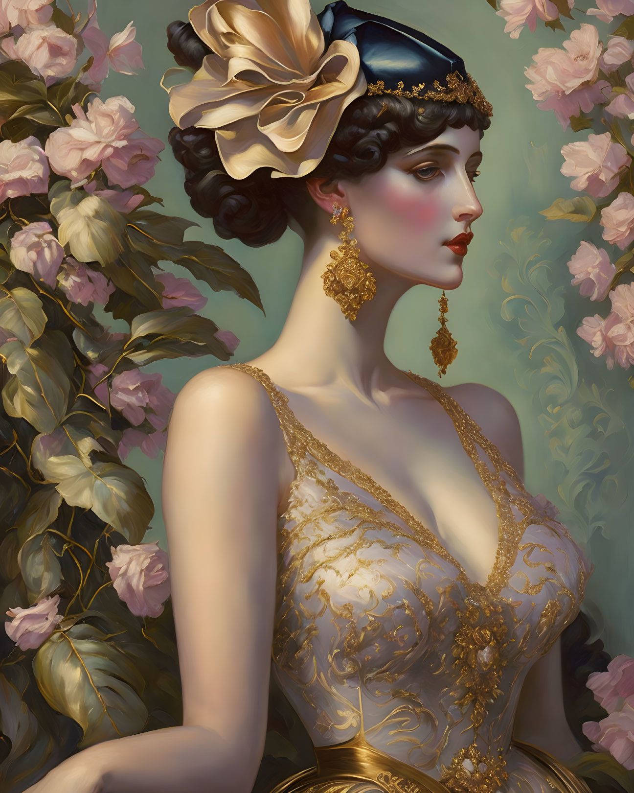 Digital painting of elegant woman with black headpiece and gold jewelry among pink roses