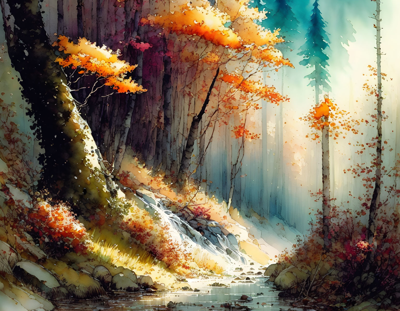 Tranquil autumn forest scene with waterfall, colorful trees, and sunbeams