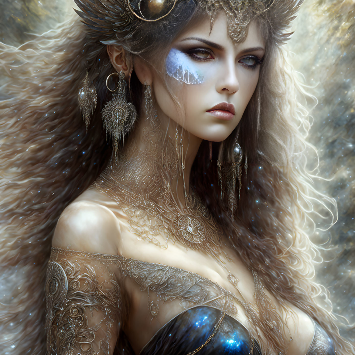 Fantasy-themed portrait of a woman with gold body art and cosmic background