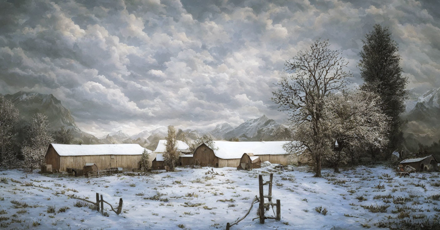 Winter Scene: Snowy Village, Wooden Houses, Mountains, Cloudy Sky