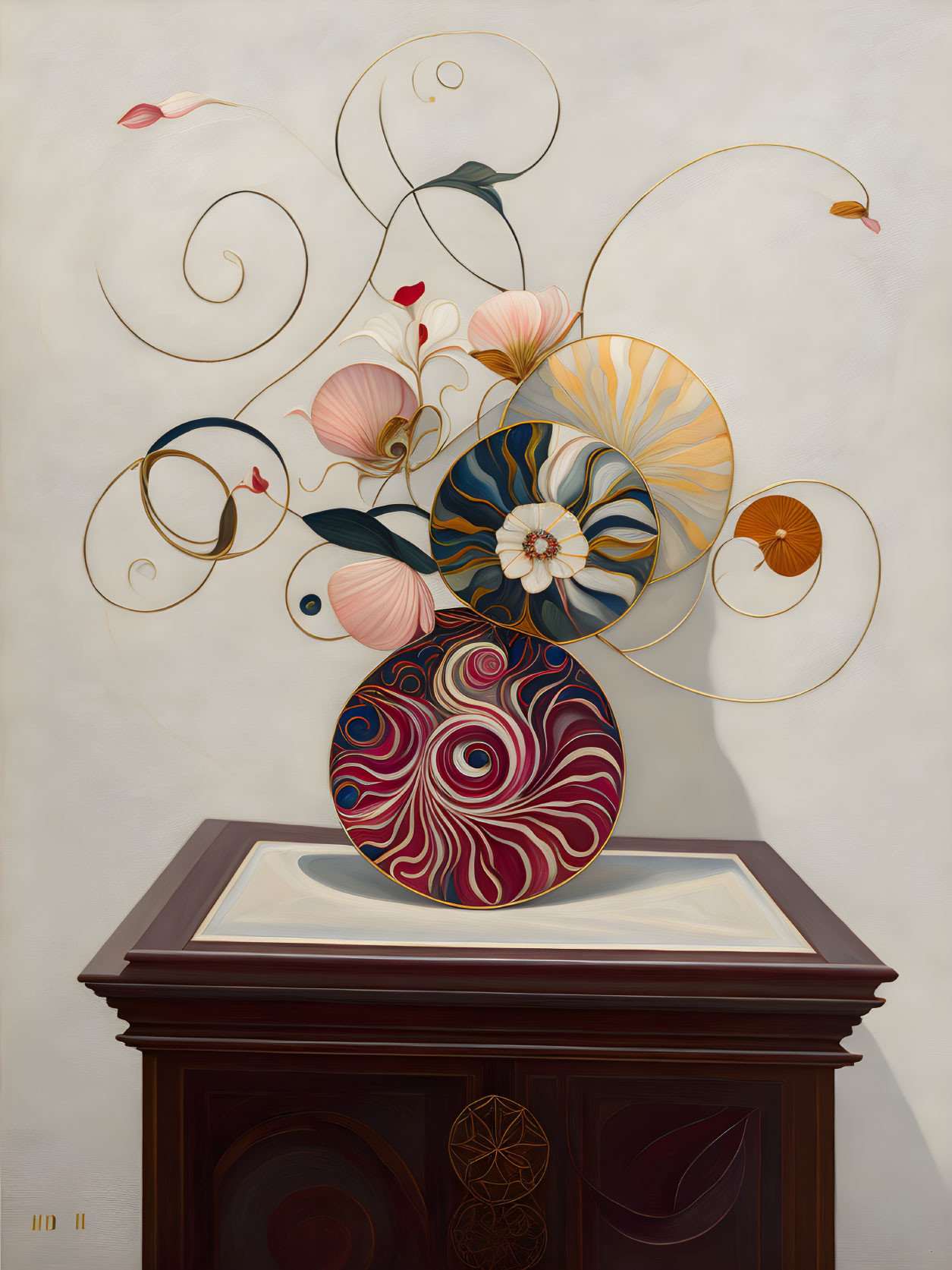 Illustration of swirling vase with stylized flowers on wooden pedestal