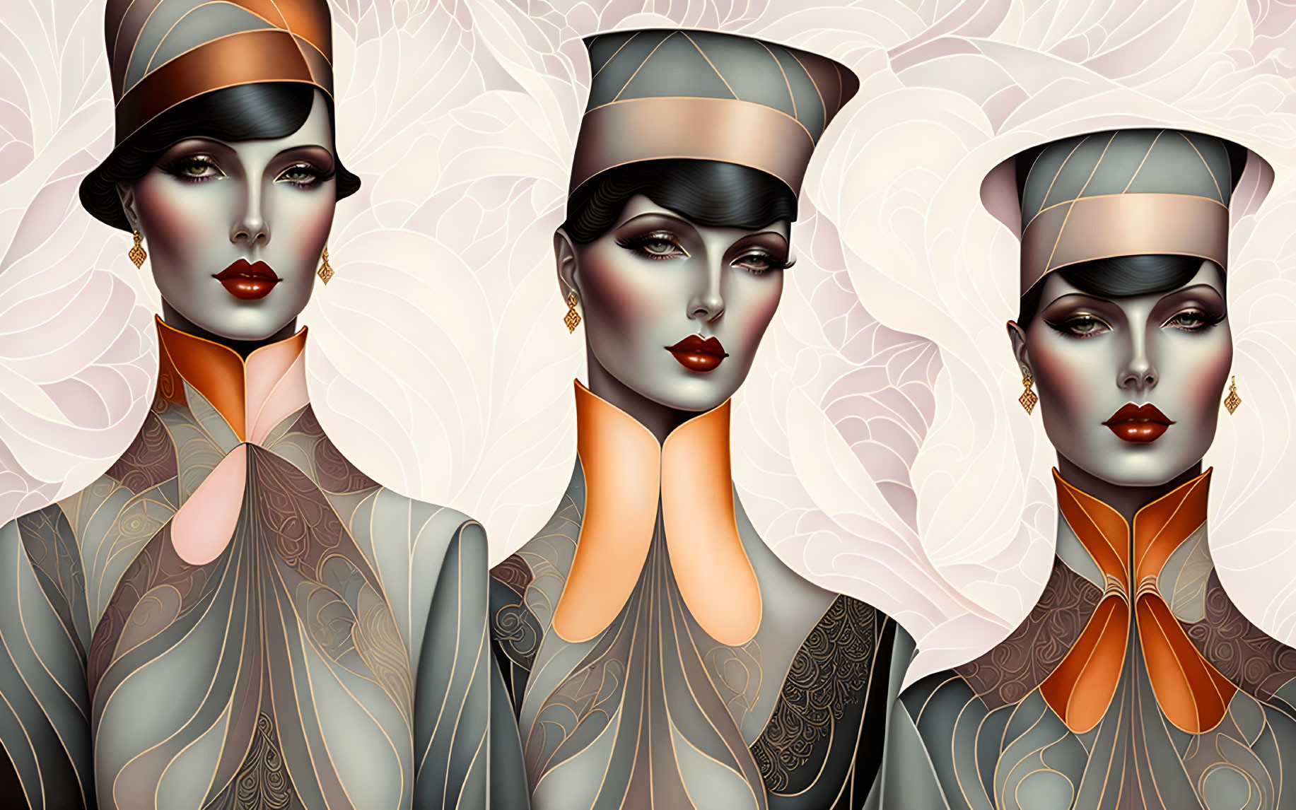 Three female figures with stylized makeup and vintage hats on floral backdrop.