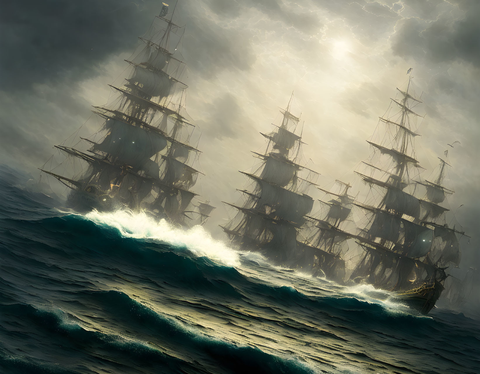 Three sailing ships on rough seas during a storm with sun rays breaking through clouds