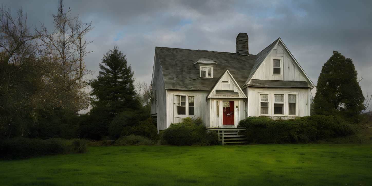 White House with Red Door Surrounded by Greenery under Cloudy Sky