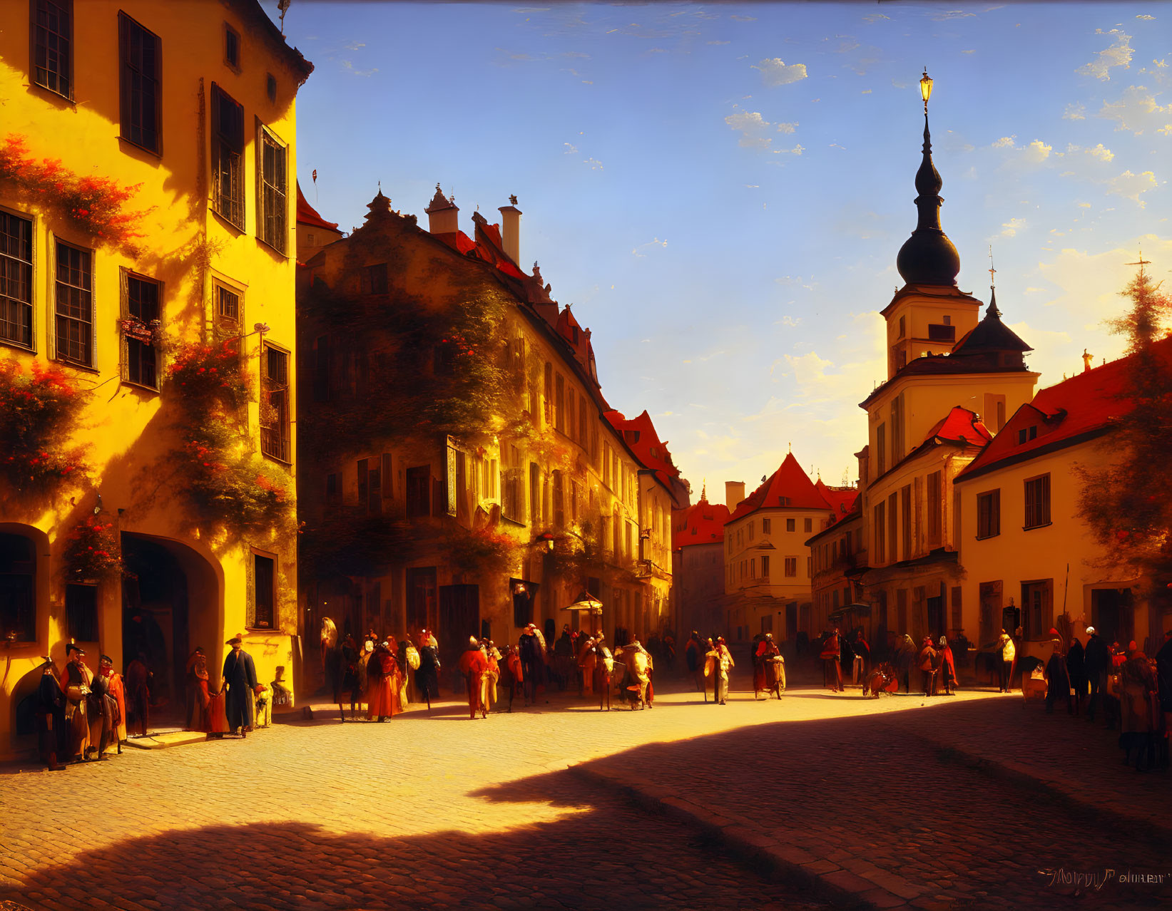 Historic European street scene in golden sunlight