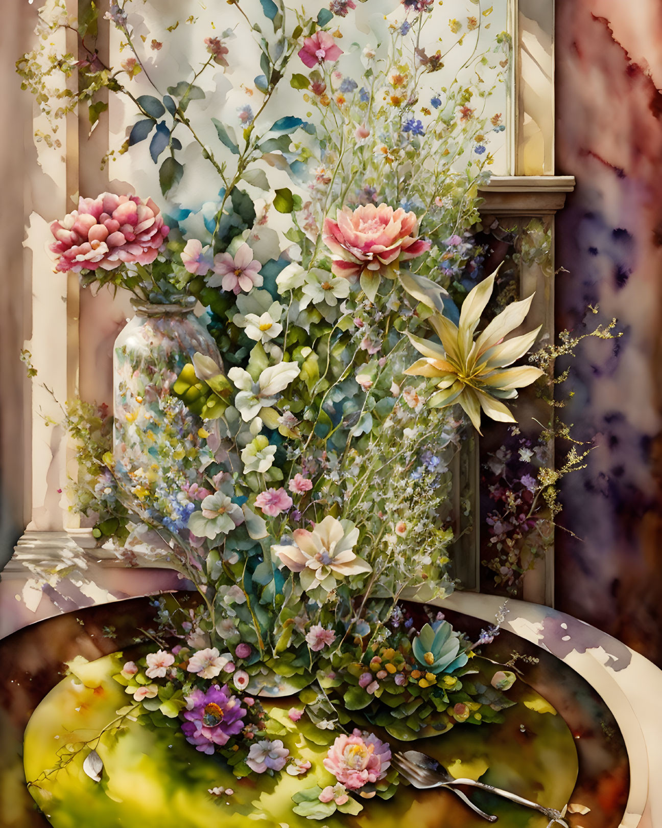 Colorful Floral Painting with Vase and Reflections on Glossy Surface