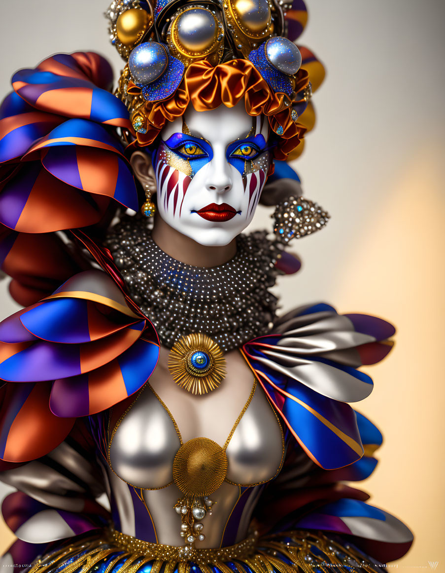 Elaborate Blue and White Face Paint with Multicolored Headwear and Regal Costume