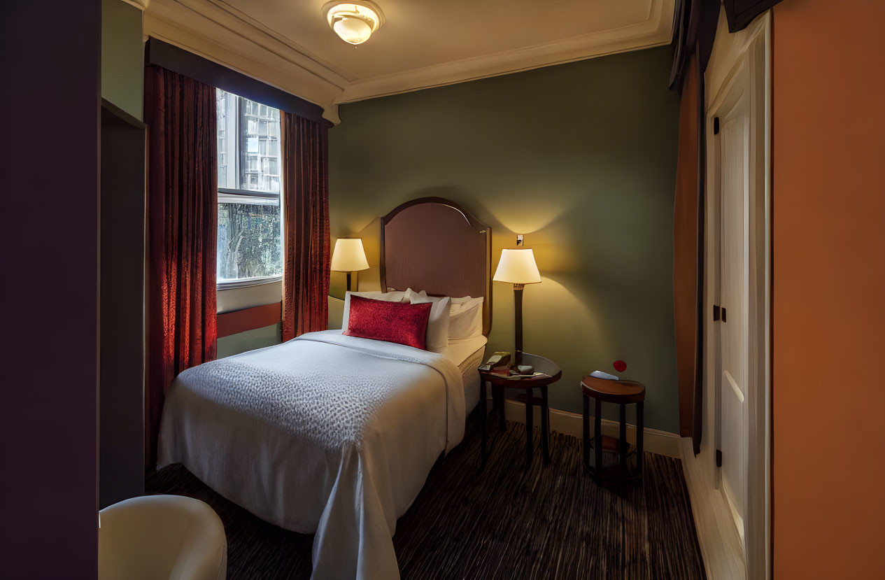 Inviting single bed with red curtains, lamps, chair, and city view.