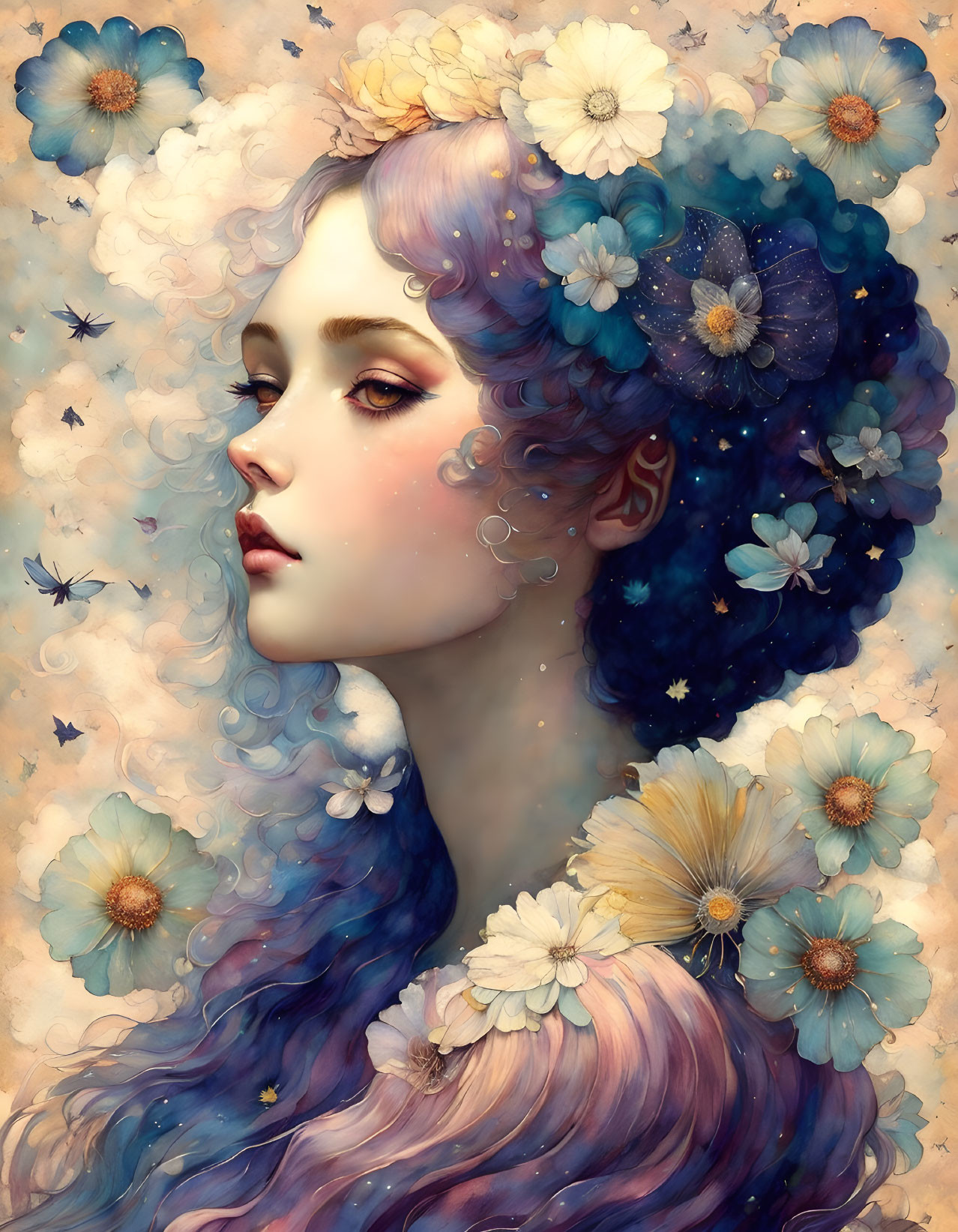 Illustrated portrait of woman with purple hair, flowers, butterflies, cosmic motif, dreamy ambiance