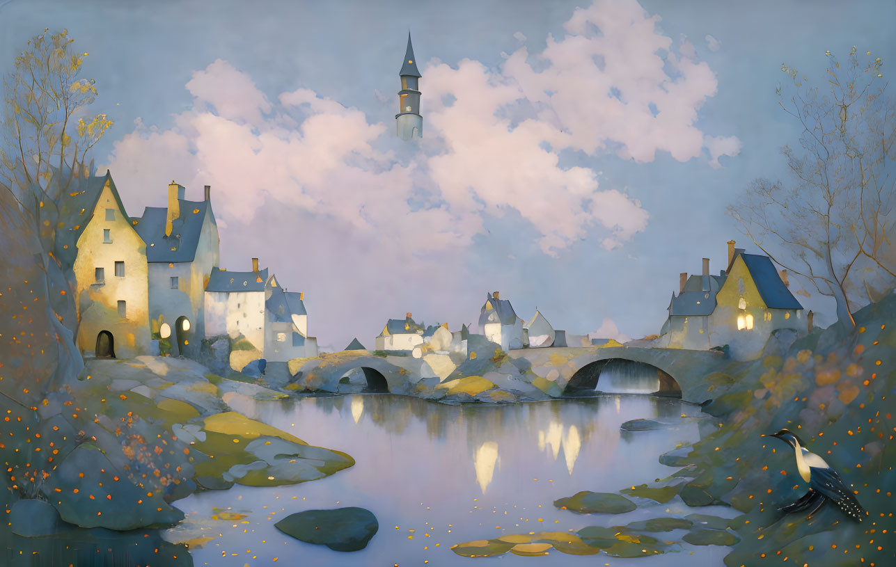 Tranquil fantasy village with stone houses, river bridge, spire, heron, pastel