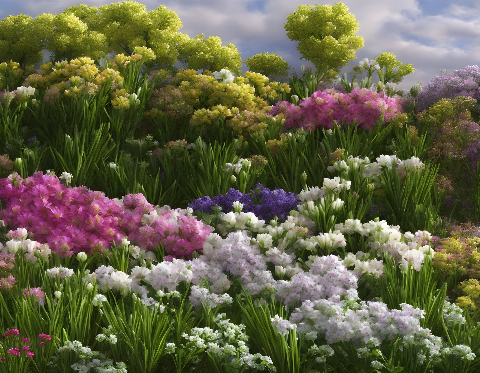 Colorful blooming garden with pink, purple, and white flowers and lush green trees