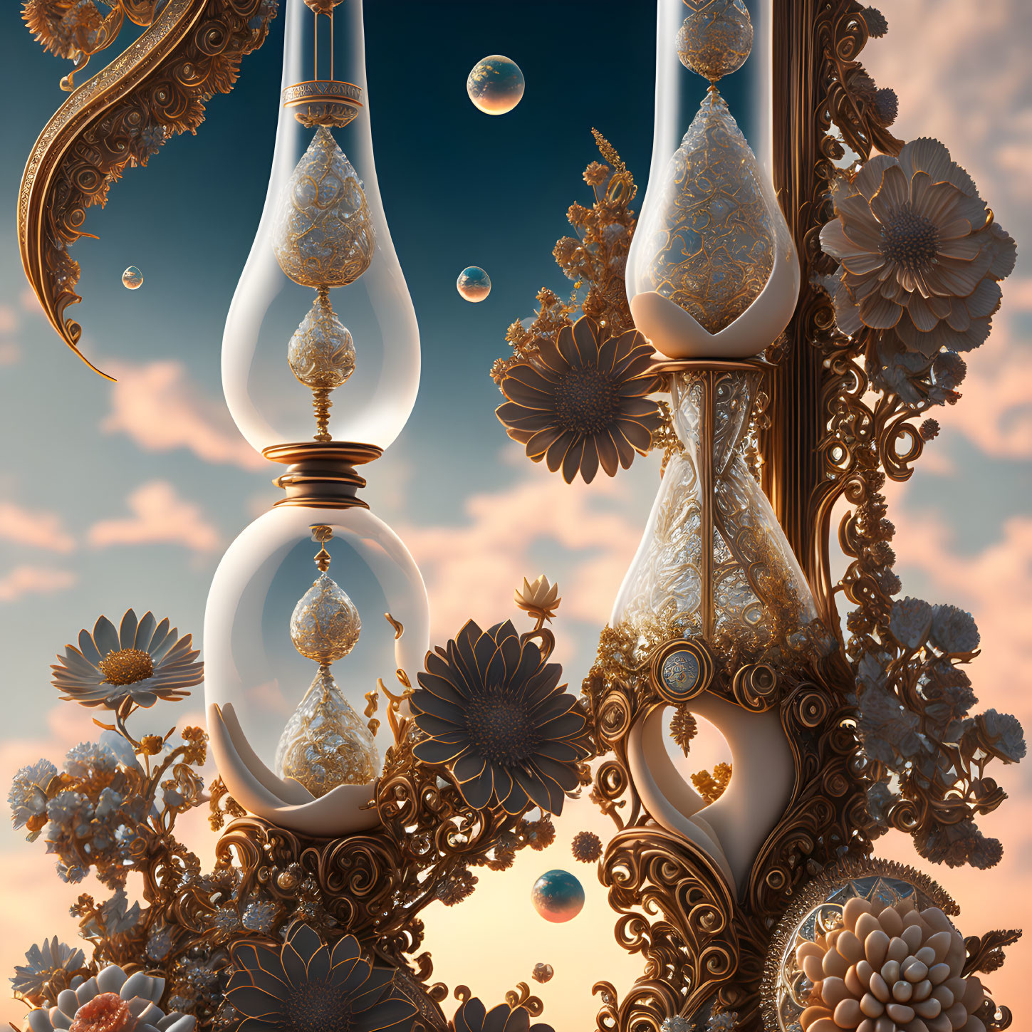 Intricately designed surreal hourglass with gold patterns against cloud-studded sky