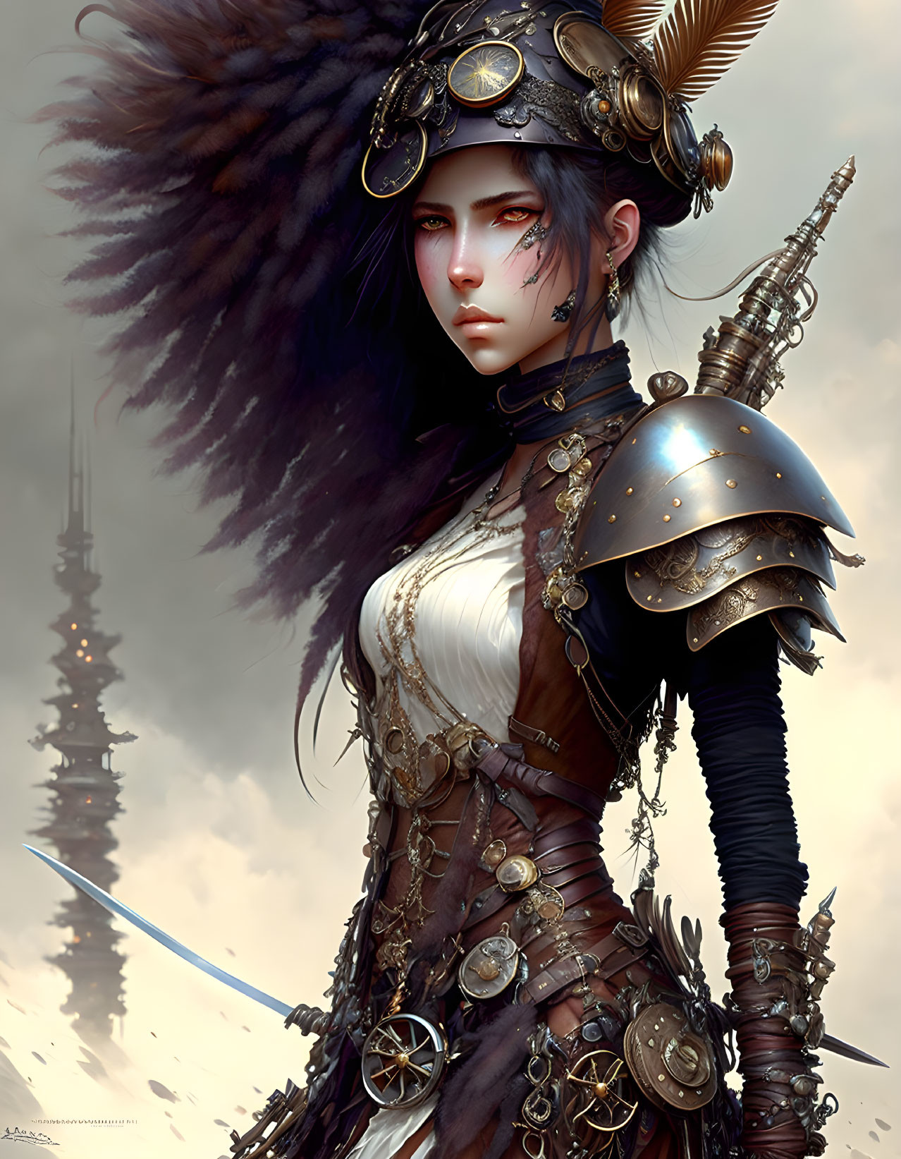 Female warrior in feathered headdress with sword and armor in front of tower