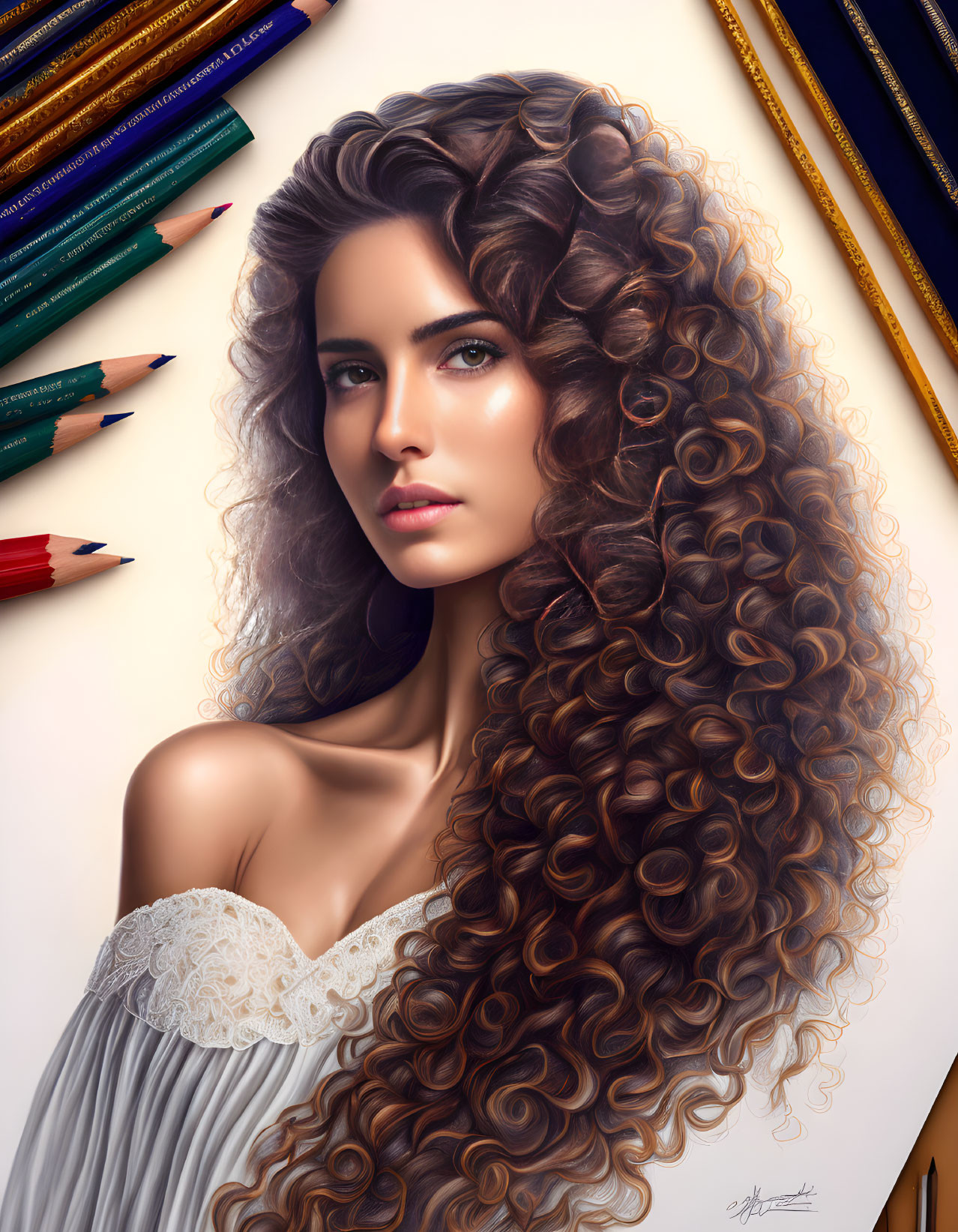 Portrait of Woman with Voluminous Curly Hair and Colored Pencils