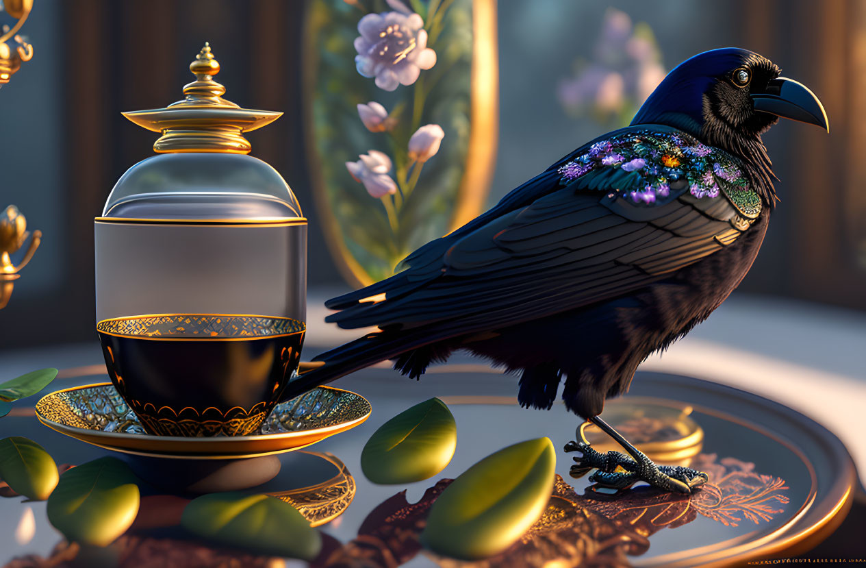 Glossy black raven with iridescent feathers on golden tea set with petals and leaves