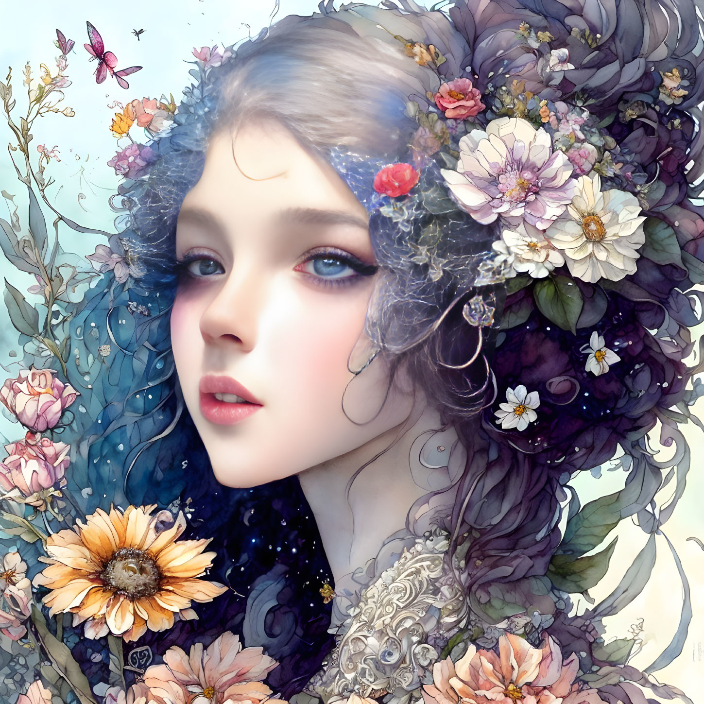 Illustrated portrait of young woman with pale skin and blue hair, surrounded by flowers and butterflies