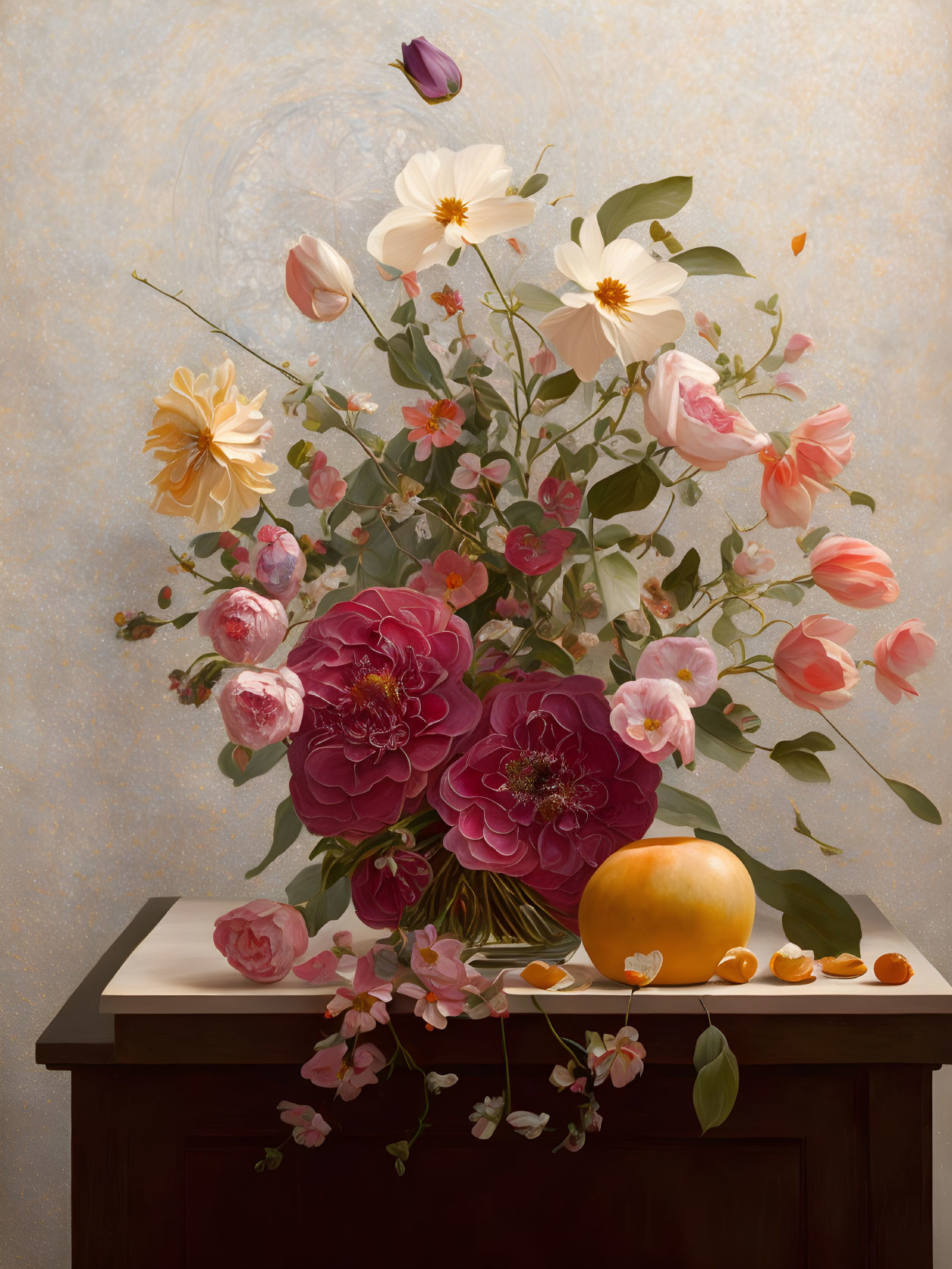 Vibrant still life painting with pink peonies, ripe apple, and textured backdrop.