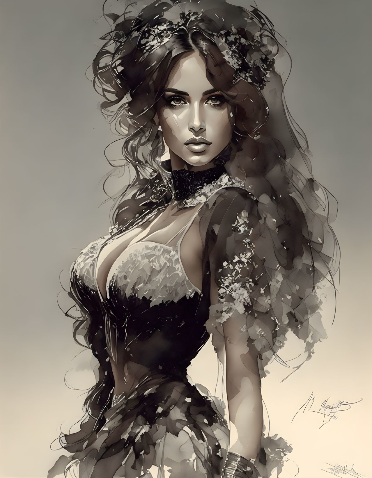 Monochromatic digital portrait of woman with curly hair and floral headband in lace dress.