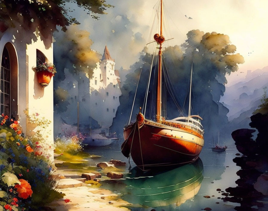 Artwork featuring vintage sailboat near flower-strewn bank