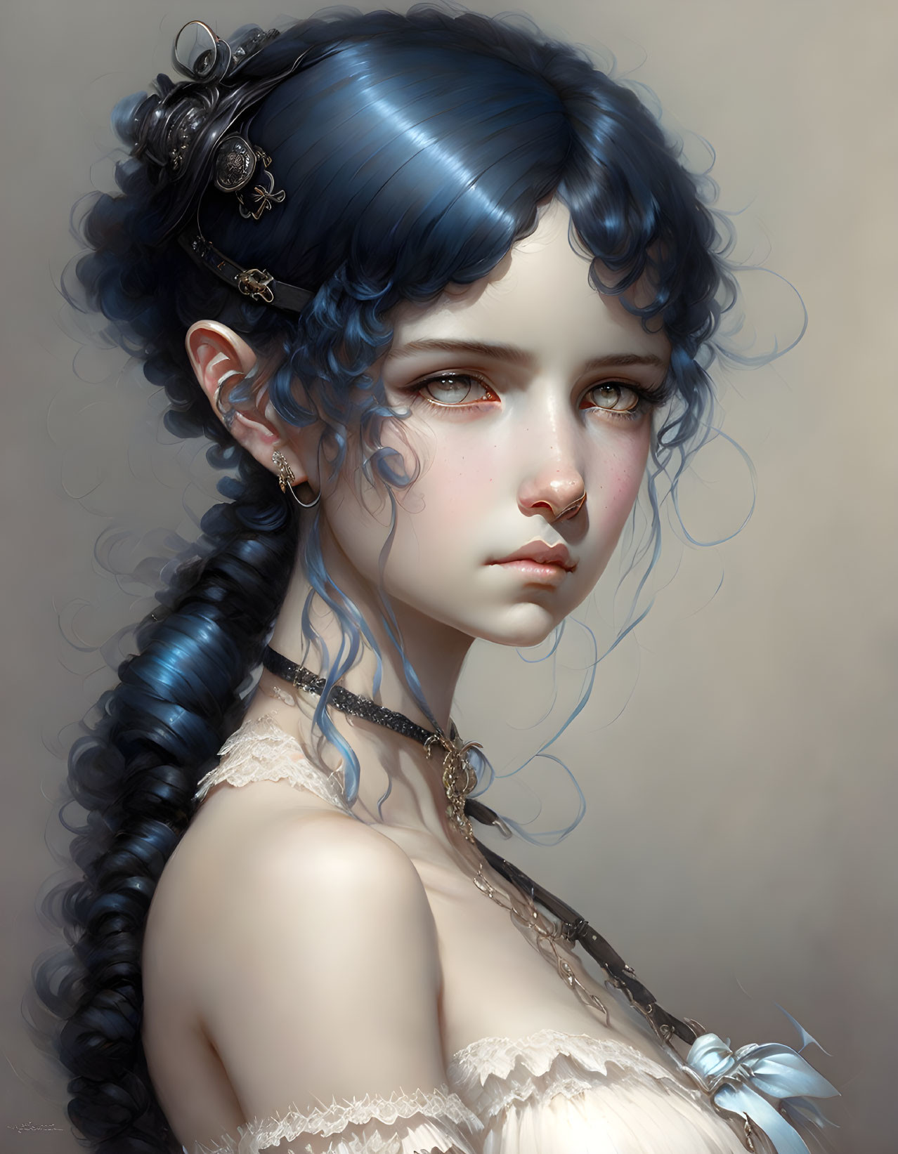 Fantasy character with blue hair, pointed ears, white dress, dark choker, pensive expression