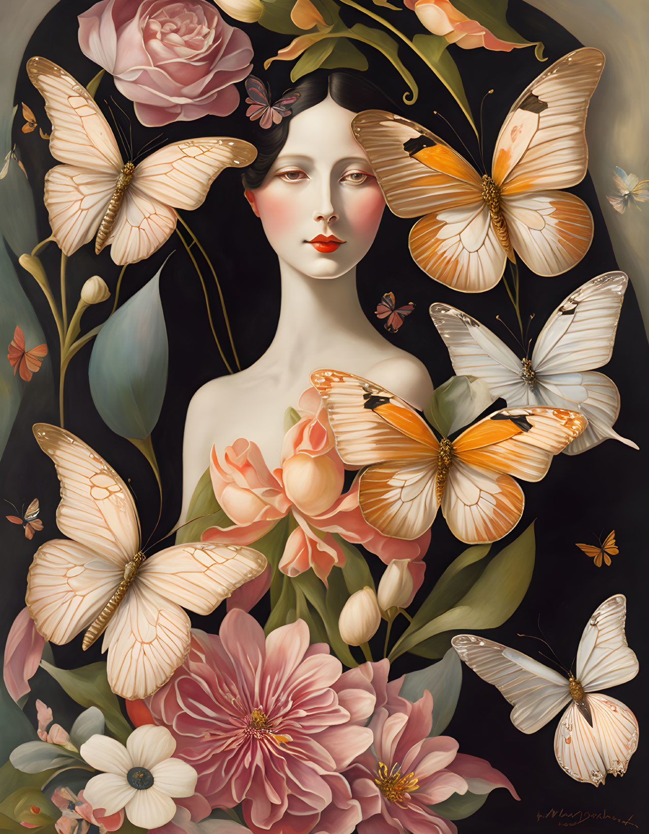 Woman with Butterflies and Flowers in Warm Colors