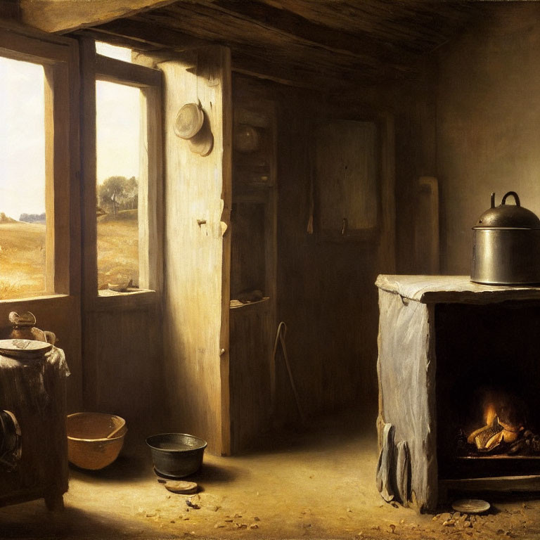 Rustic interior with open door to sunny landscape, fireplace, pot, bowl, and kettle.