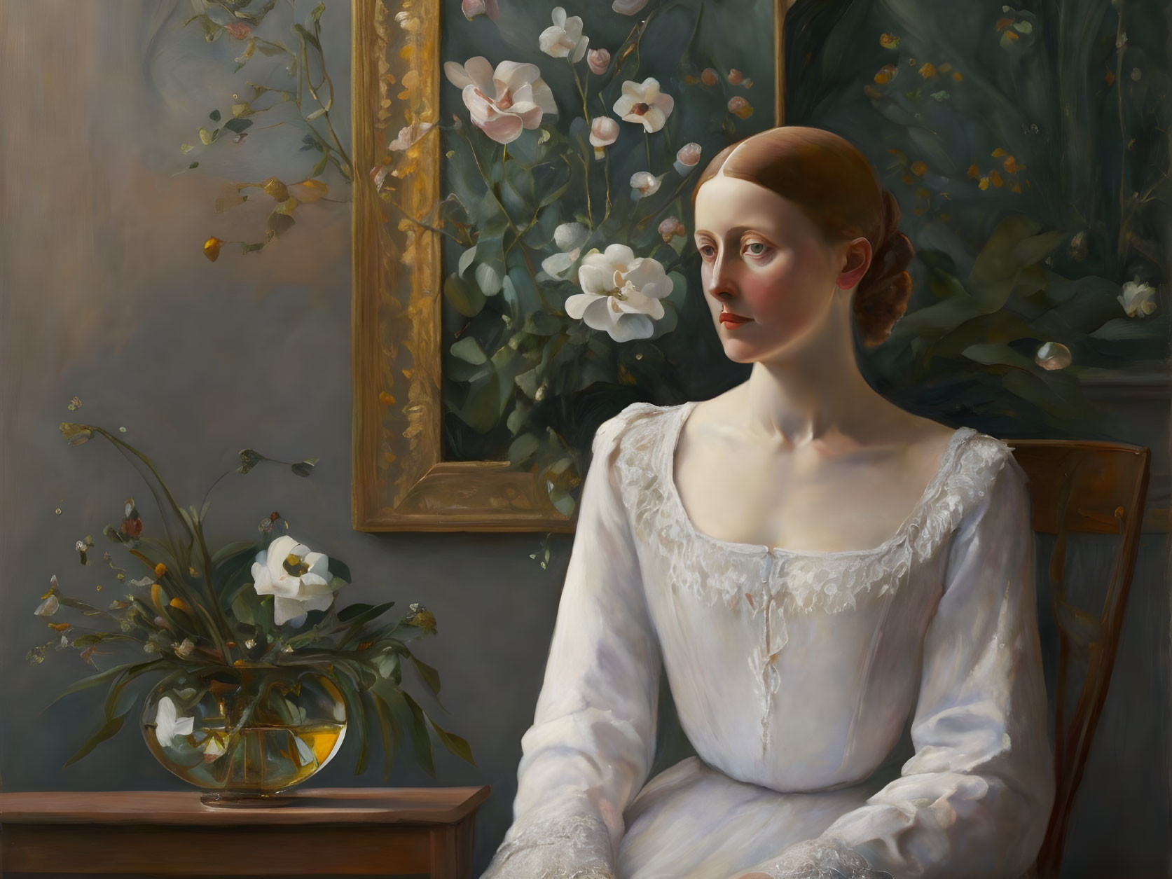 Woman in white dress sitting elegantly by table with matching floral decor.