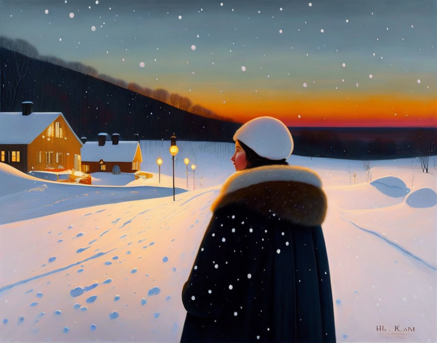 Person in Winter Clothing Admiring Snowy Evening Scene