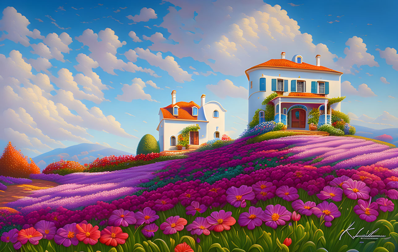 Vibrant hilltop house surrounded by colorful flower fields