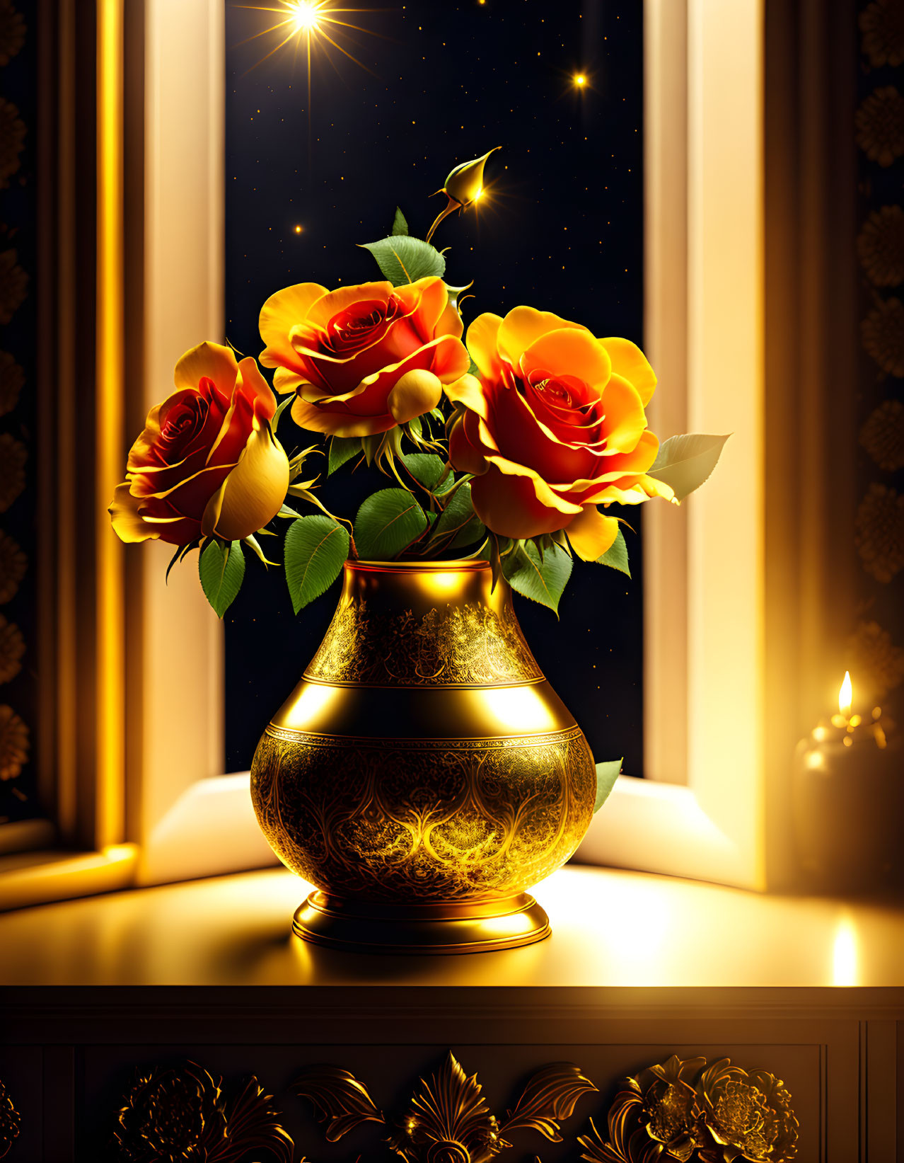 Golden vase with orange roses on windowsill against starry night sky